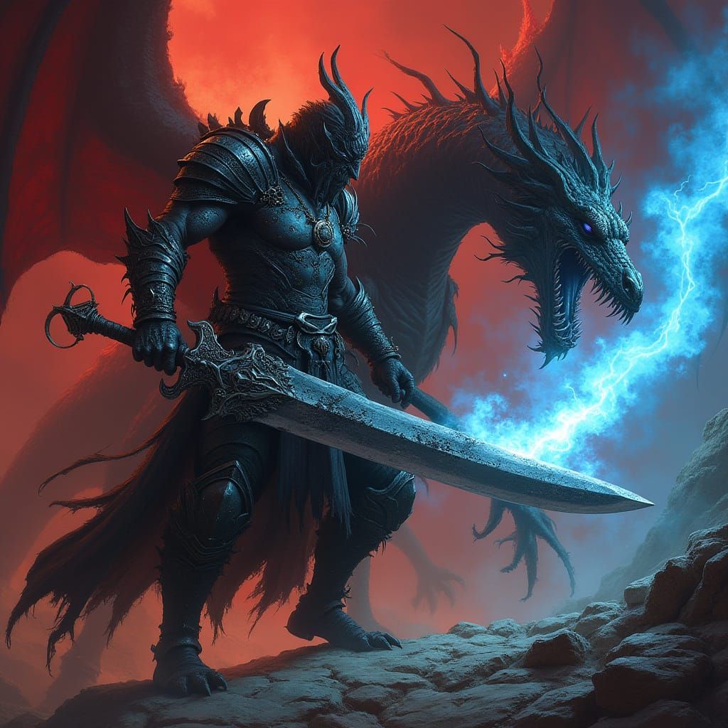 Draconian Knight Battles Dragon in High-Fantasy Style