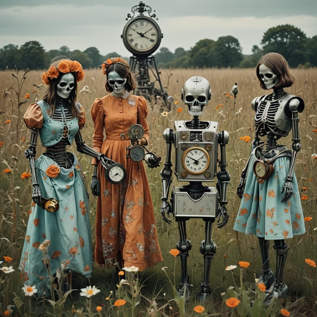 Robot Skeletons and Girls Picking Clocks in Polaroid Style