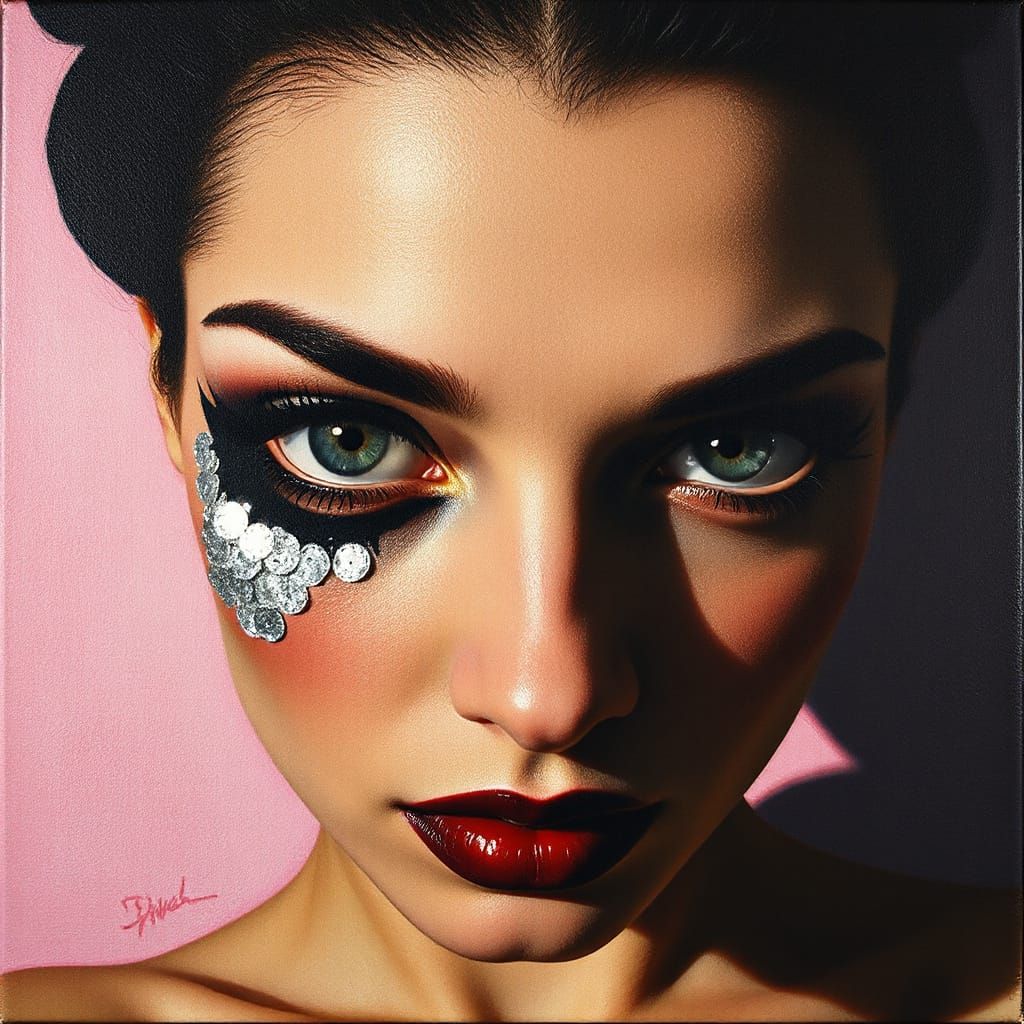 Eerie Pop Art Portrait with Silver Sequins