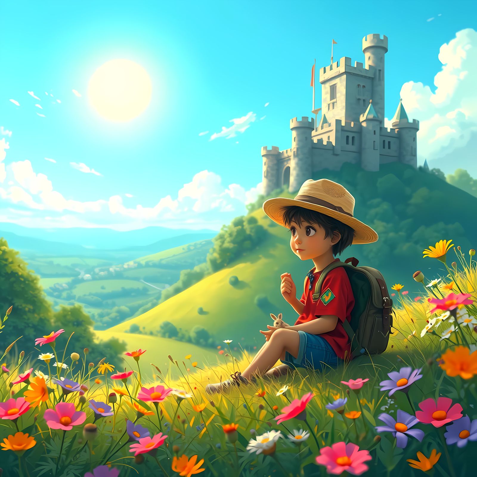 Boy in Enchanted Castle Landscape