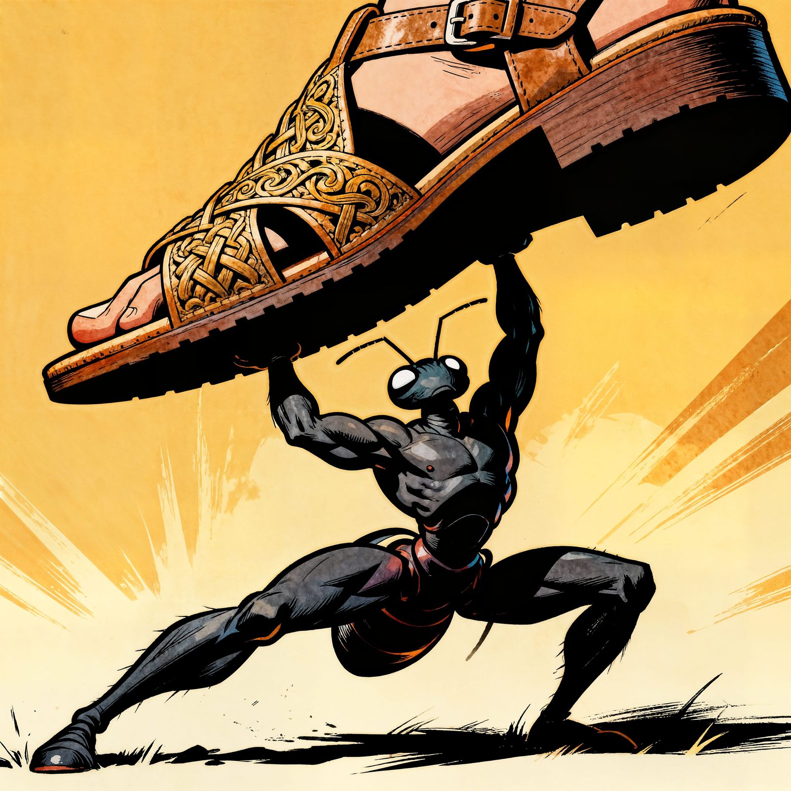 Ant Defies Giant Sandal in Cartoony Drawing
