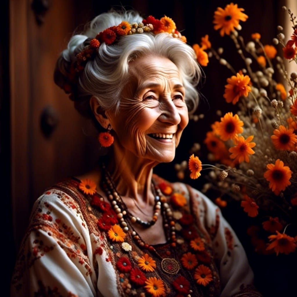 Smiling Elderly Lady Portrait in Golden Light