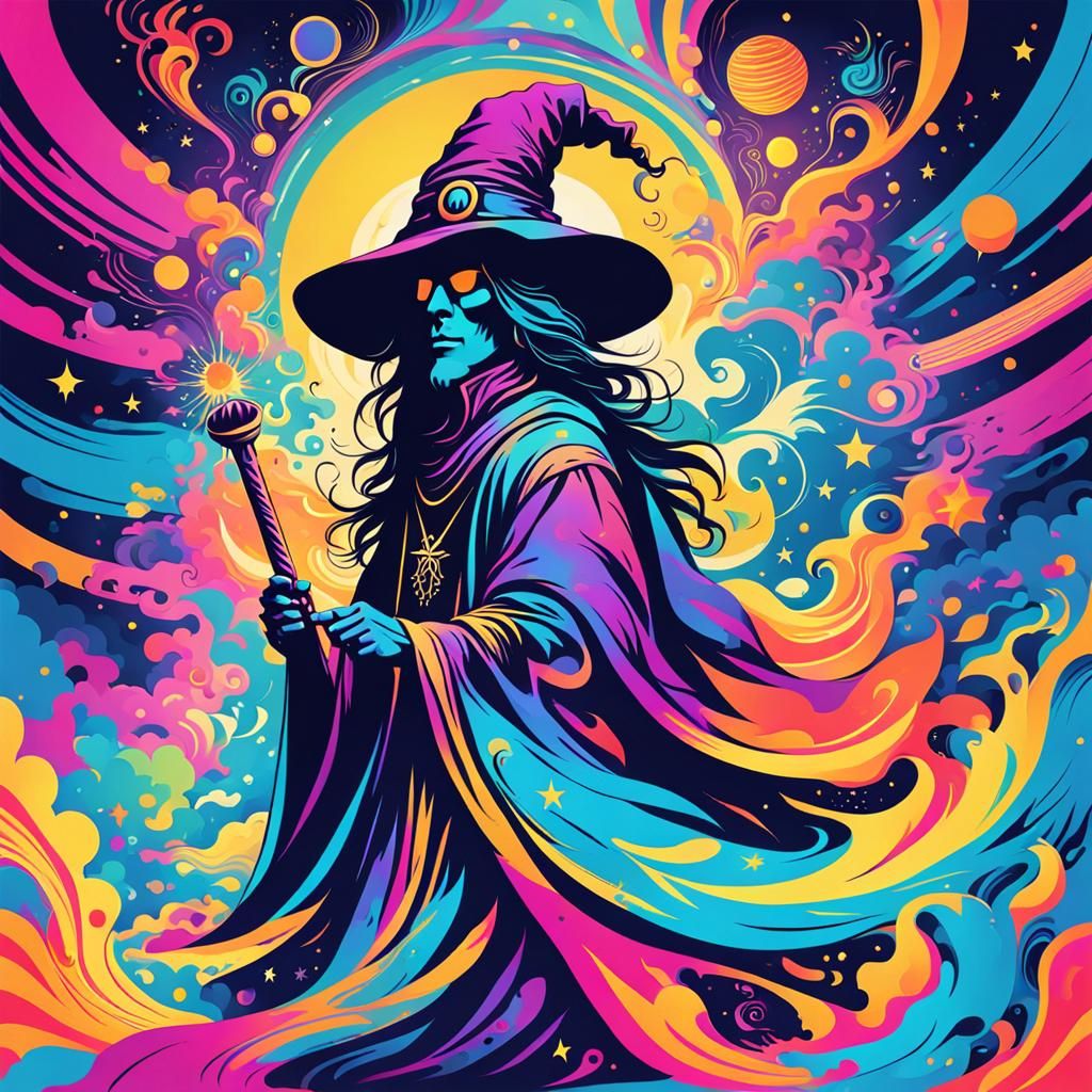 Psychedelic Mage Silhouette in 70s Style