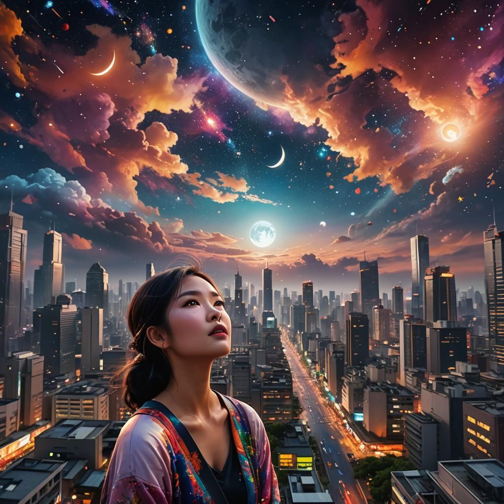 Asian Woman Gazing at Starry Jakarta Sky