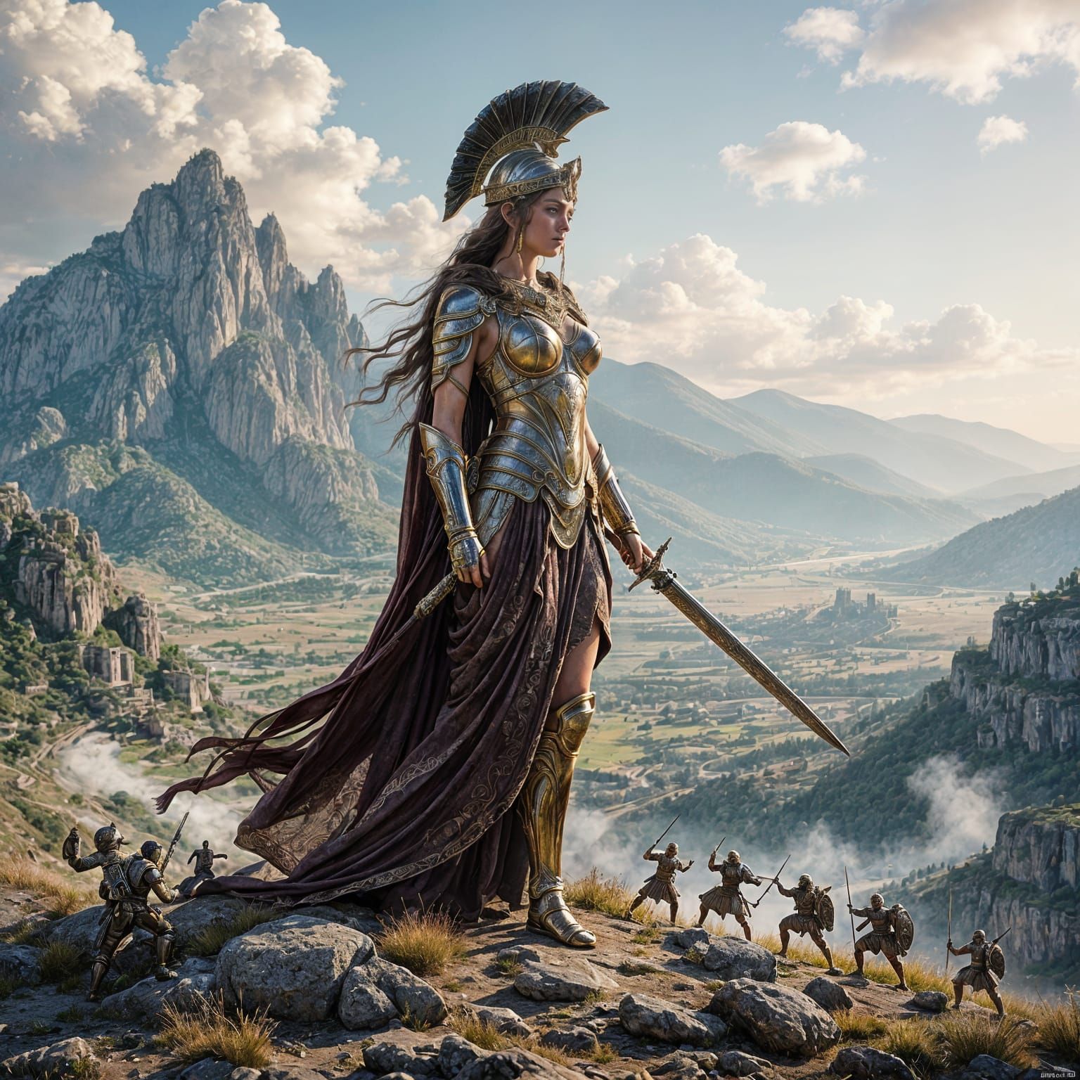 Athena Goddess of War on Mountaintop Battlefield