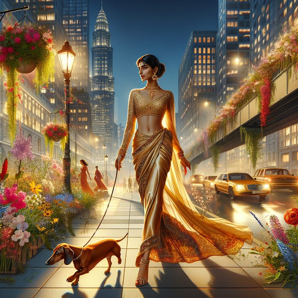 South Asian Woman Embodies Golden Strength in Urban Nighttim...