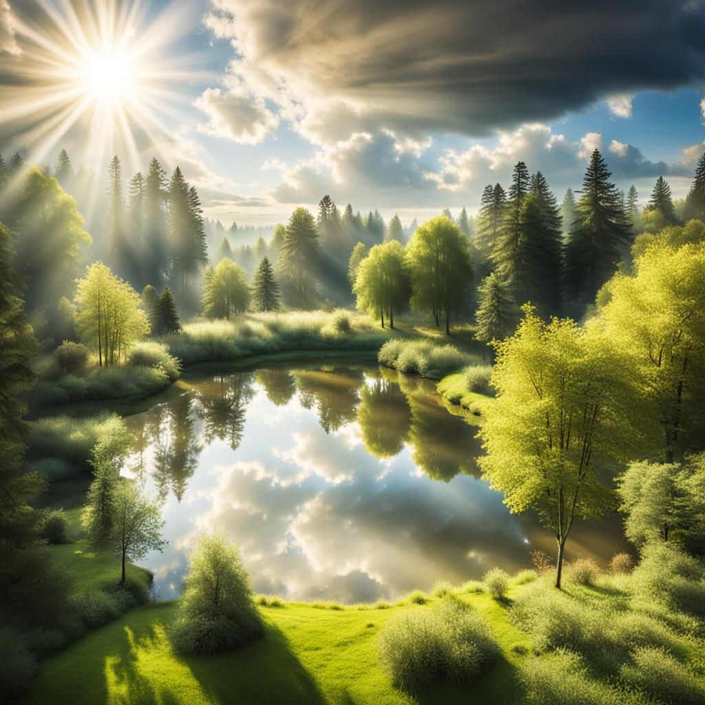 Balcony View: Pond and Forest in Divine Light