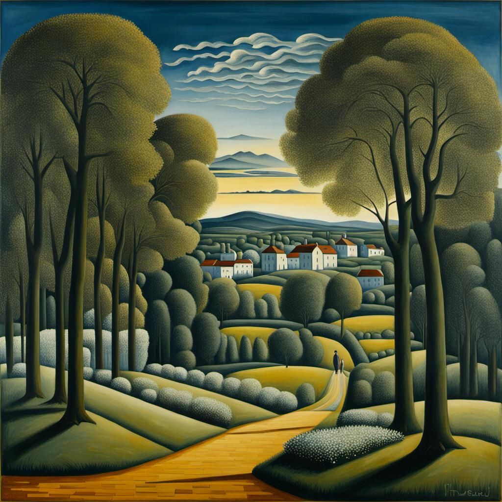 Dreamlike Summer Landscape in Delvaux Style