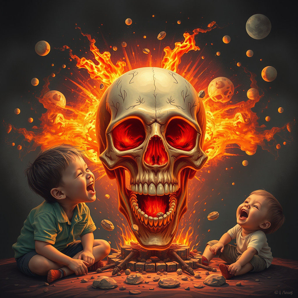 Intricate Exploding Skull with Laughing Children