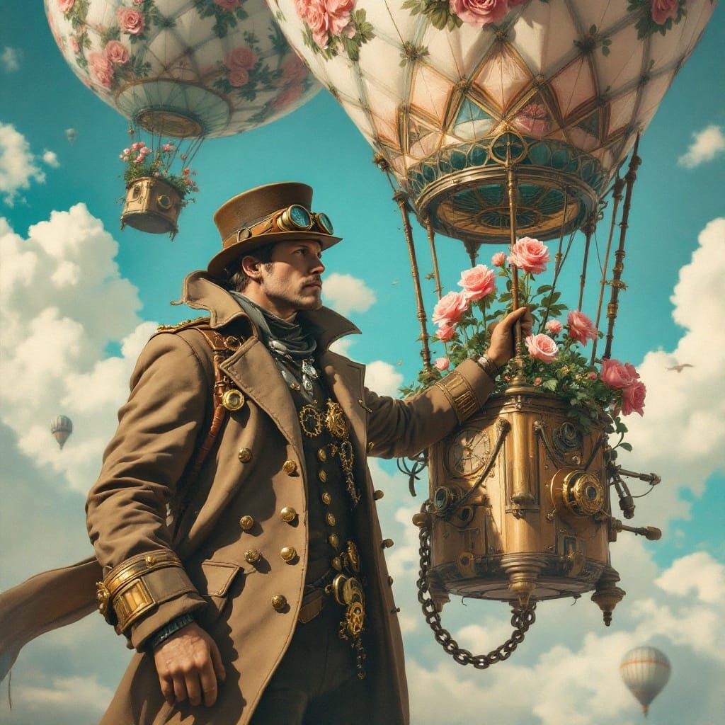 Steampunk Hot Air Balloon Ascends into a Dreamlike Turquoise...