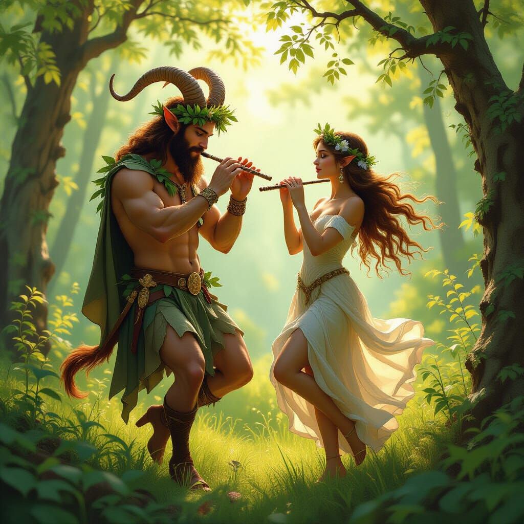 Satyr and Nymph Dancing in Forest, Photorealistic Style