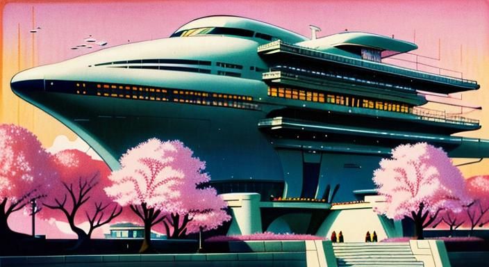 Art Deco Japanese Starship Descends into Harbor