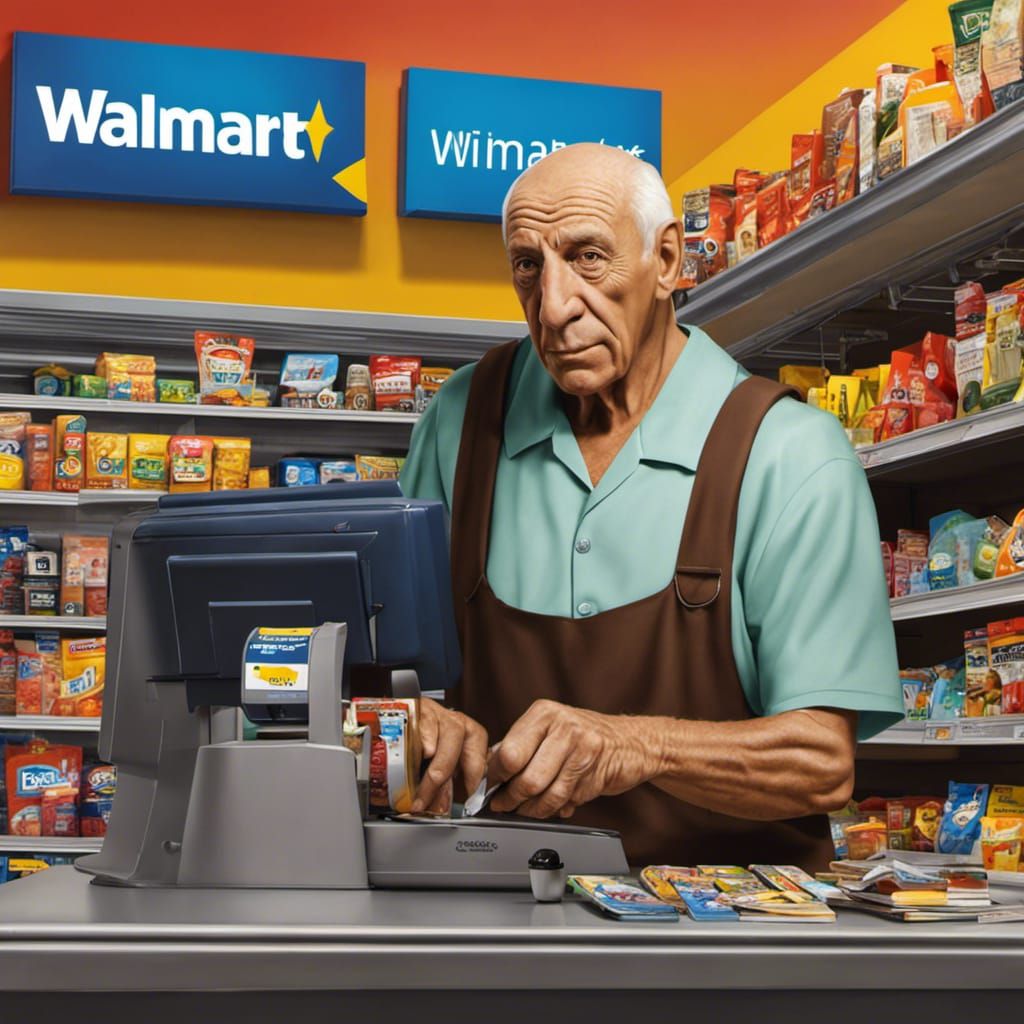 Pablo Picasso working as a cashier at Walmart