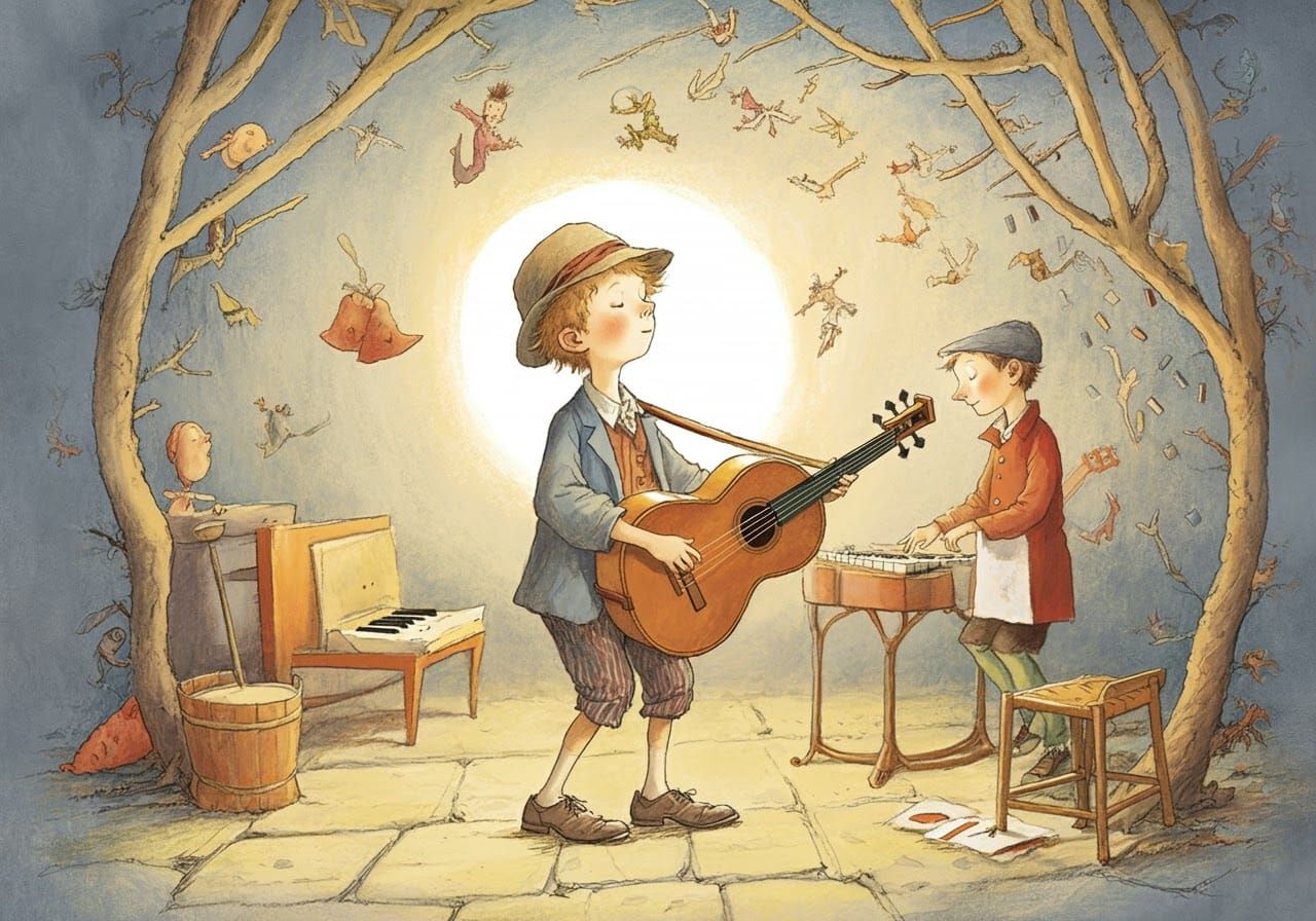 Whimsical Portrait of a Little Musician in a Delicate Art St...