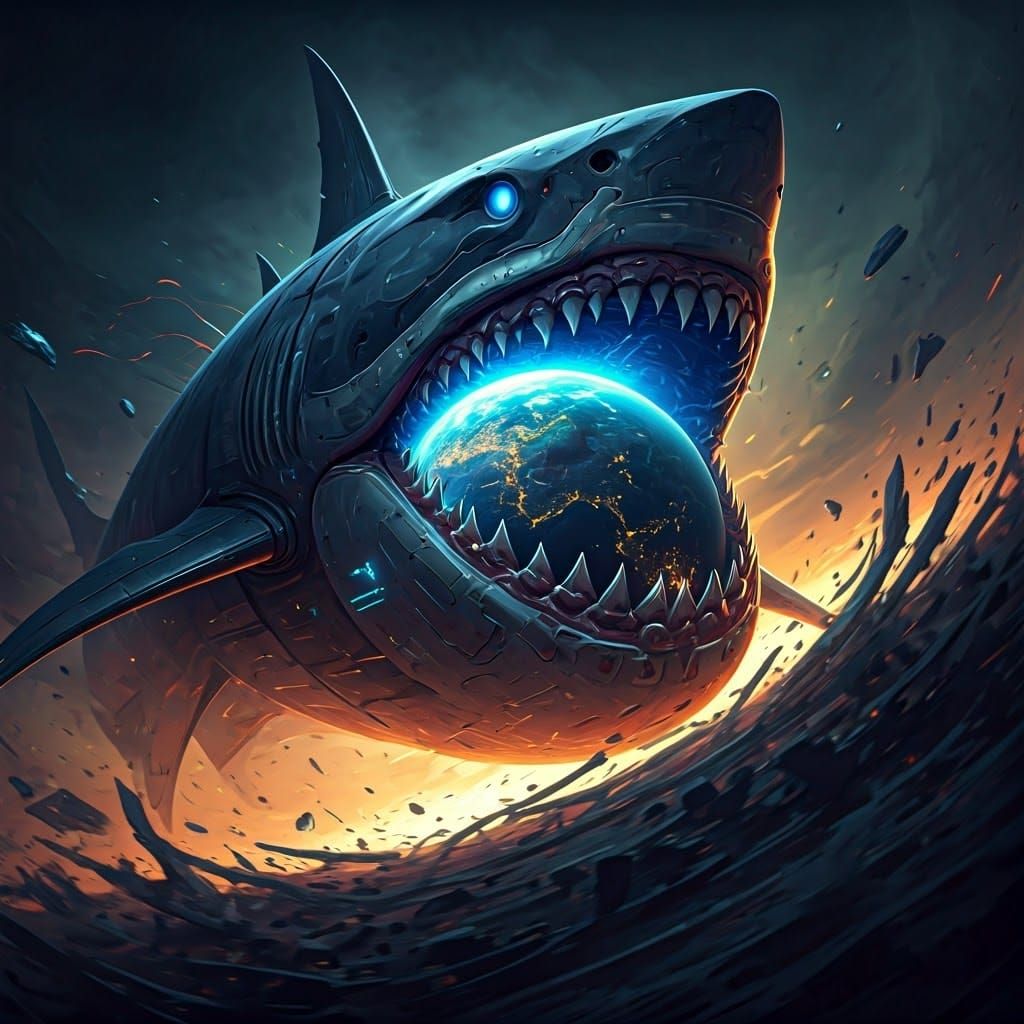 A massive robotic shark eating the earth