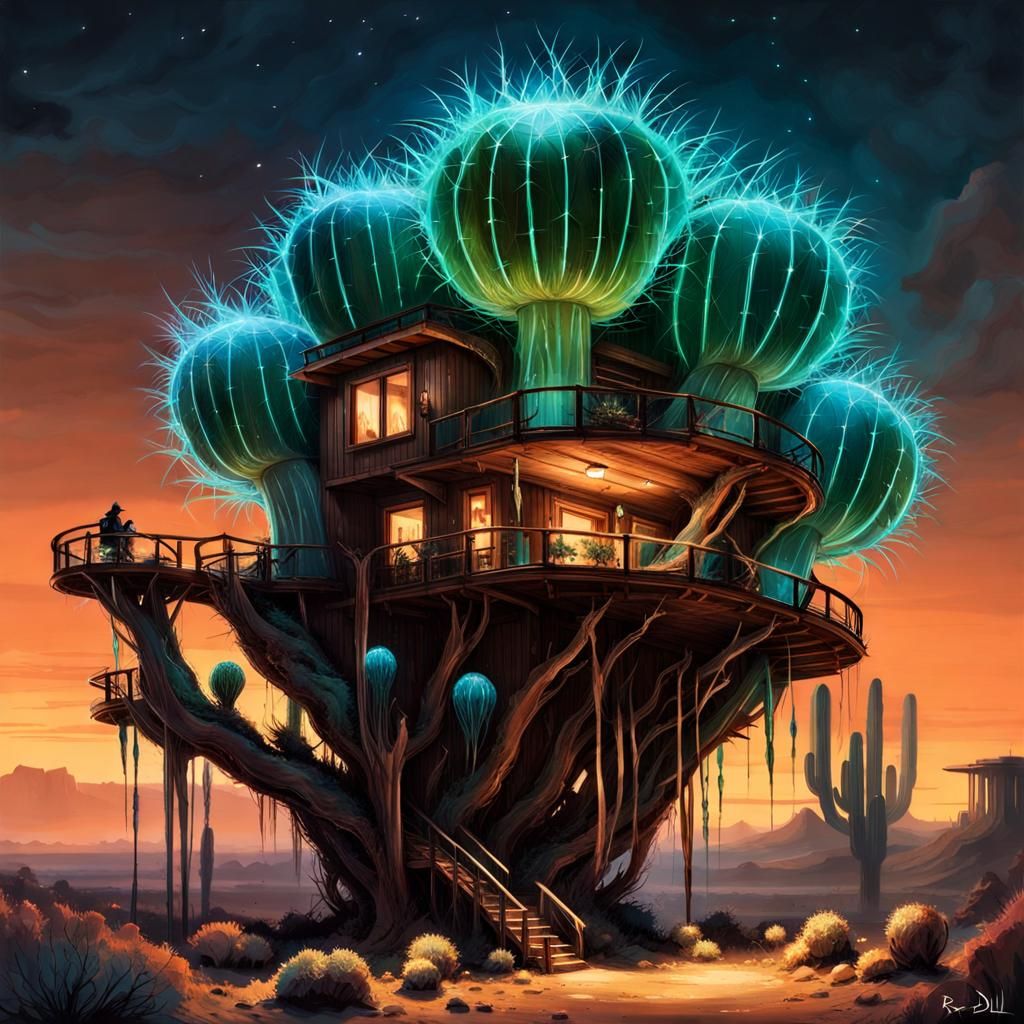 Bioluminescent Cactus Treehouse in Cyberpunk Desert