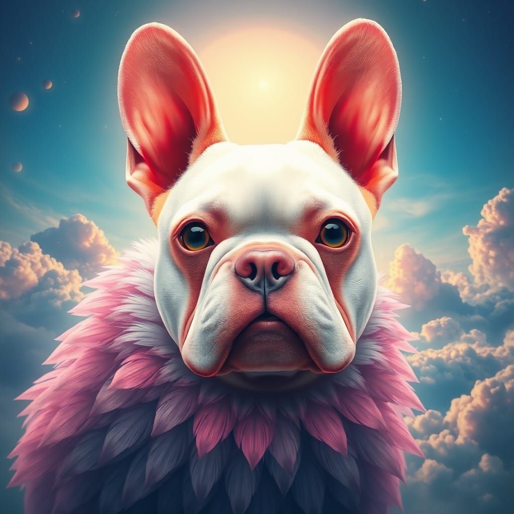 French Bulldog Head in Dreamlike Sky, Detailed Matte Paintin...