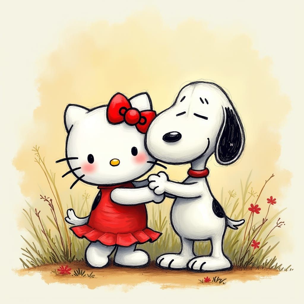 Whimsical Duo: Hello Kitty and Snoopy in Vibrant Colored Pen...