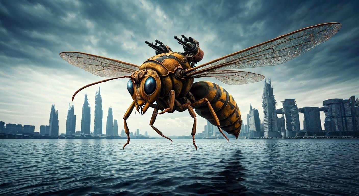 Cybernetic Wasp Soars in Postapocalyptic Cityscape
