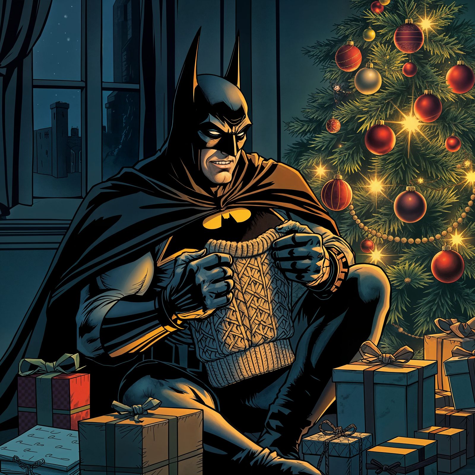 Batman Opens a Cozy Christmas Sweater Gift