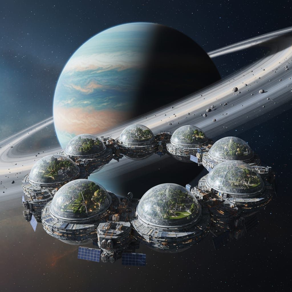 Massive Generation Spaceship Near Ringed Planet