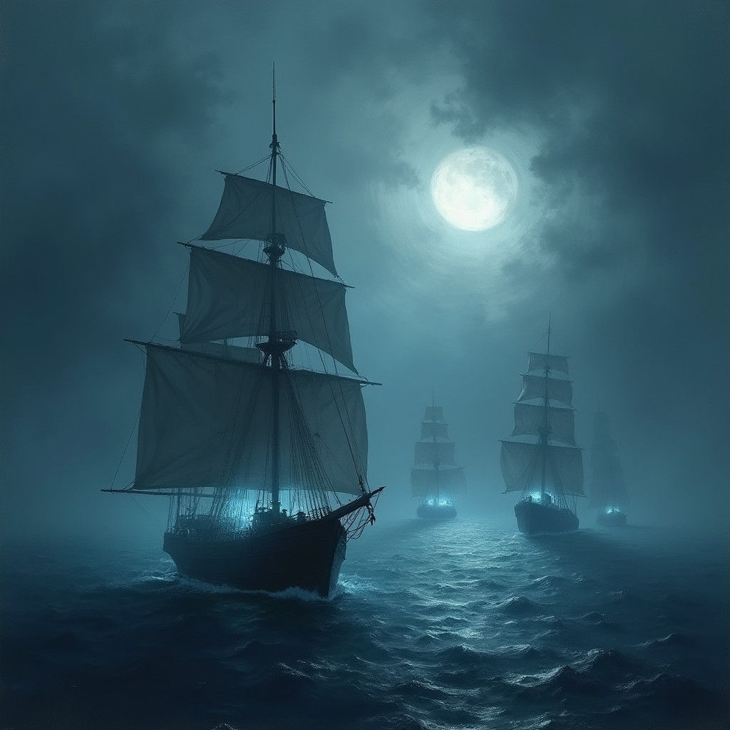 Ghostly Ships Sail on Dark Seas in Impressionist Style