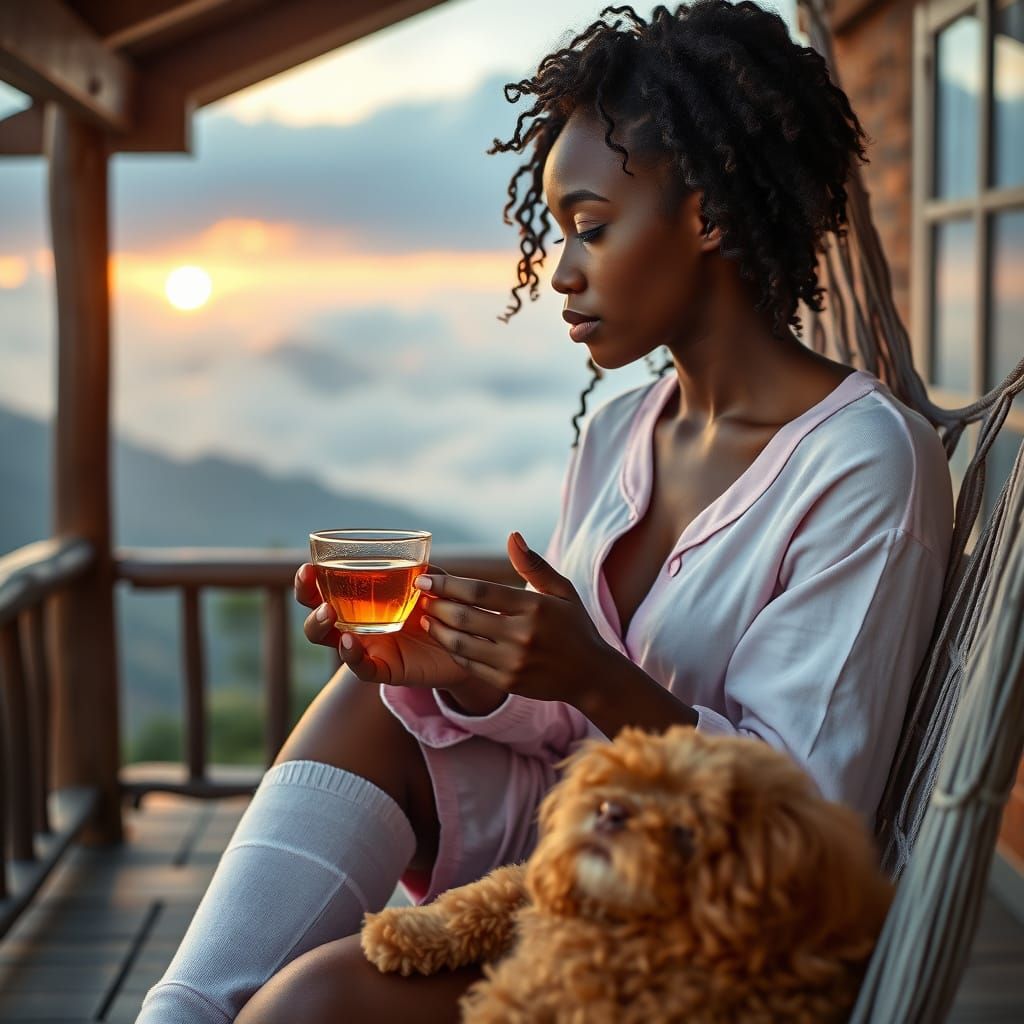 Serene Black Woman in Hammock, Mountain Villa, Sunrise