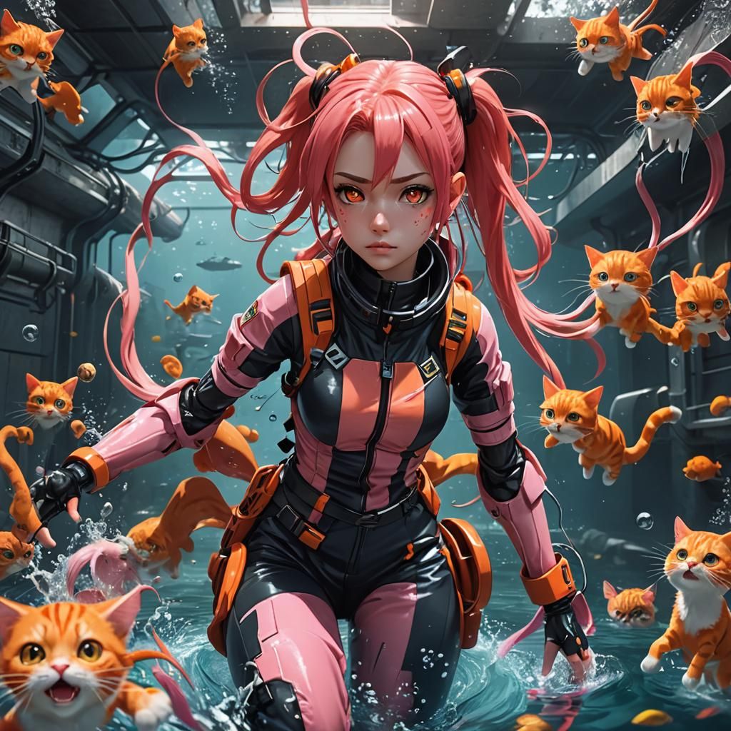 Anime Girl Underwater with Cats: Detailed Matte Painting