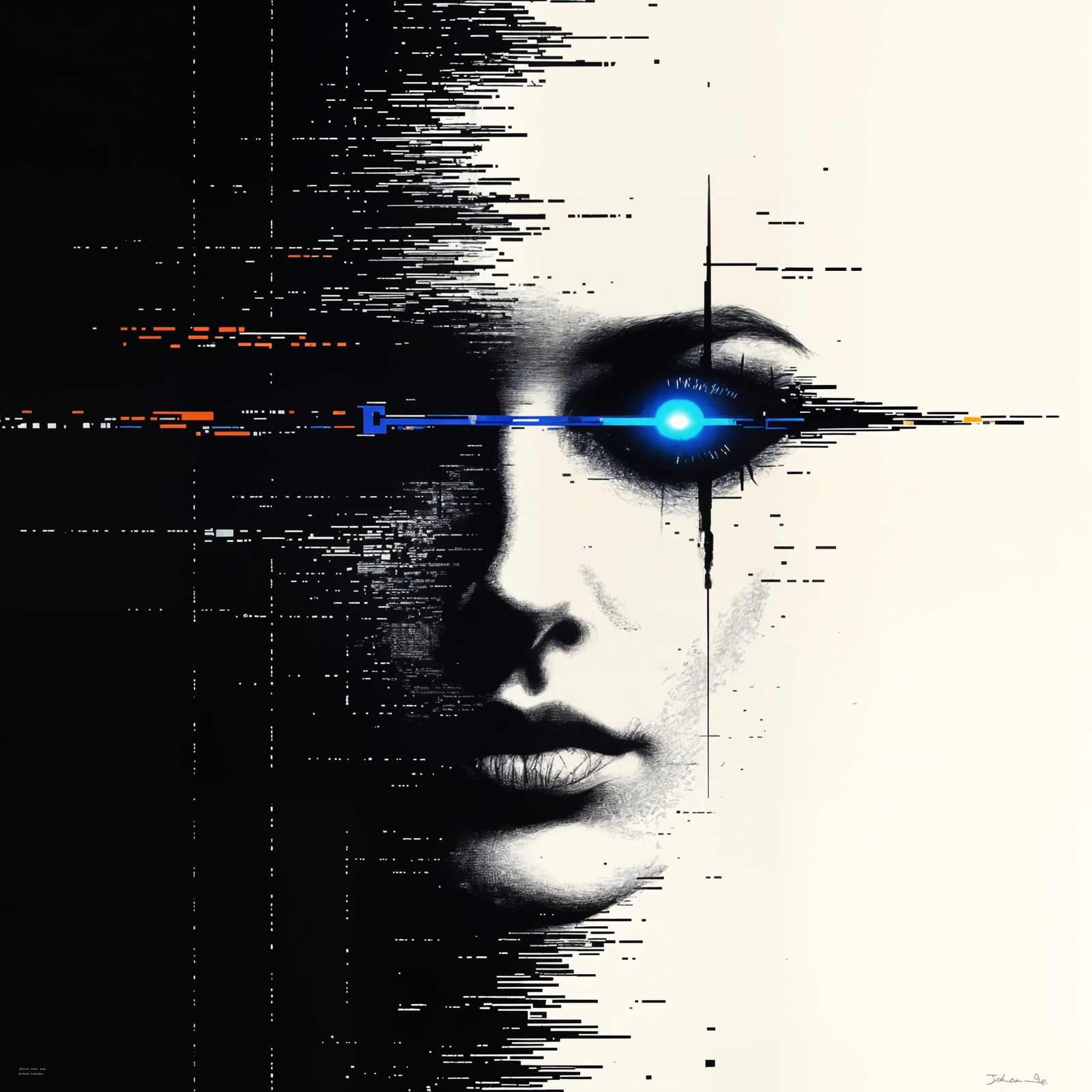 Monochrome Static with Hidden Face and Electric Blue Eye