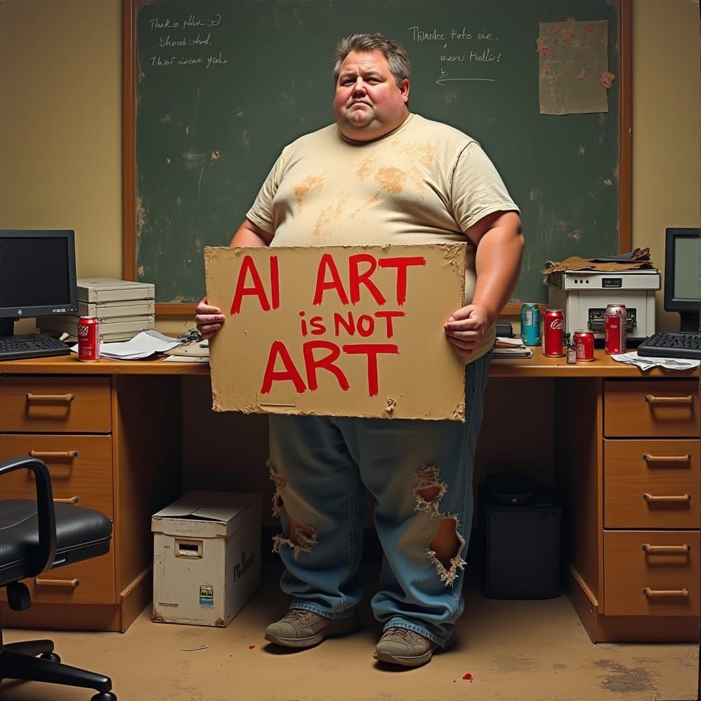 Grumpy Man Protests AI Art as Oil Painting