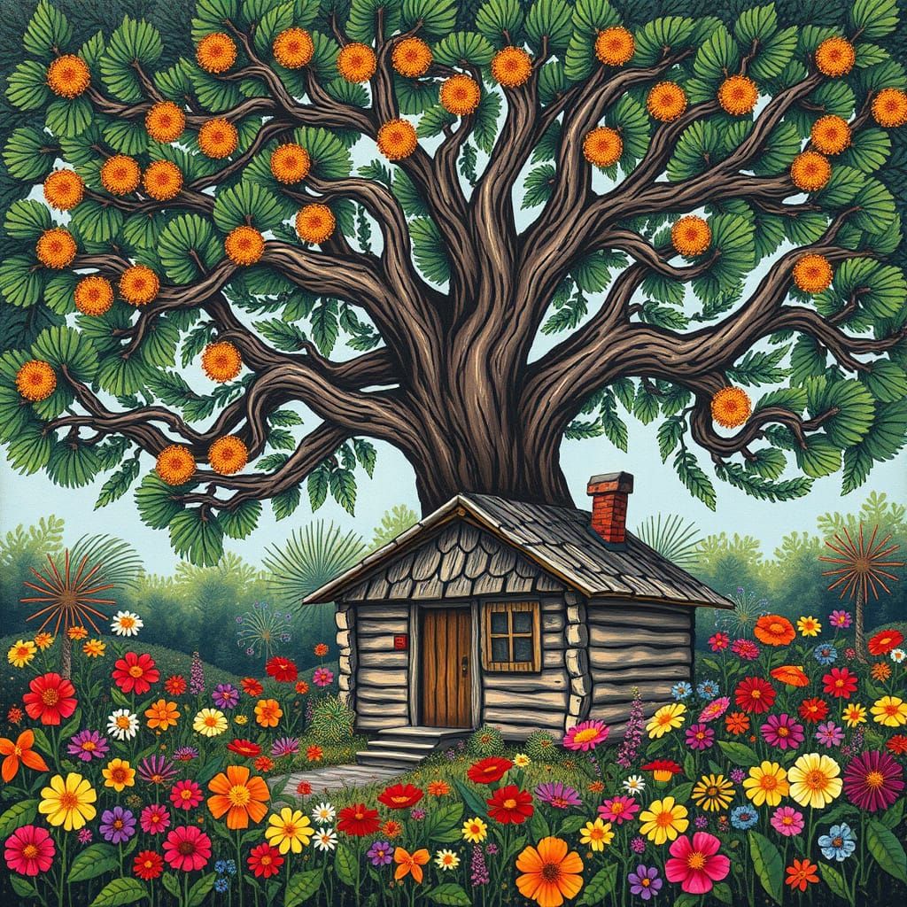 Vibrant Folk Art Cabin Amidst a Whimsical Garden