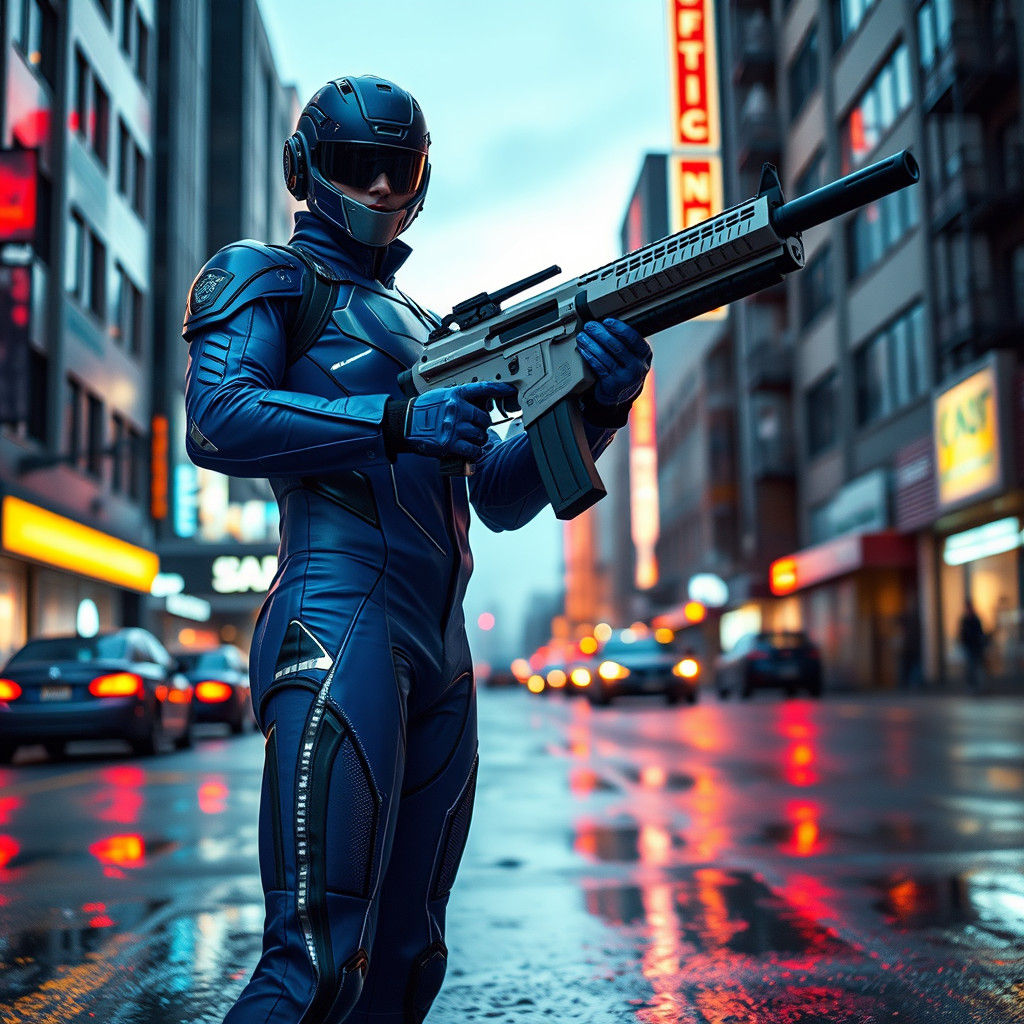Futuristic Blue-Armored Officer in Cyberpunk Cityscape