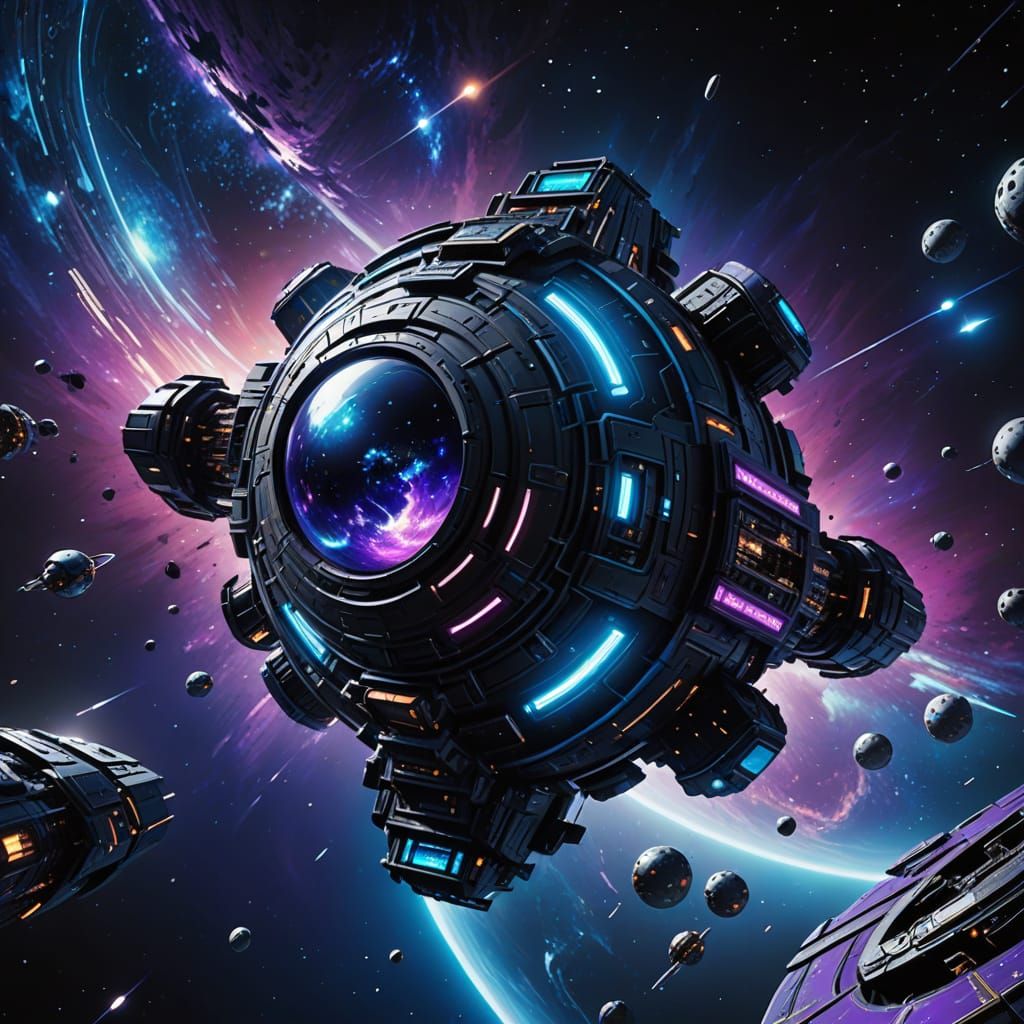 Glowing Space Station in Vibrant Purple Galaxy