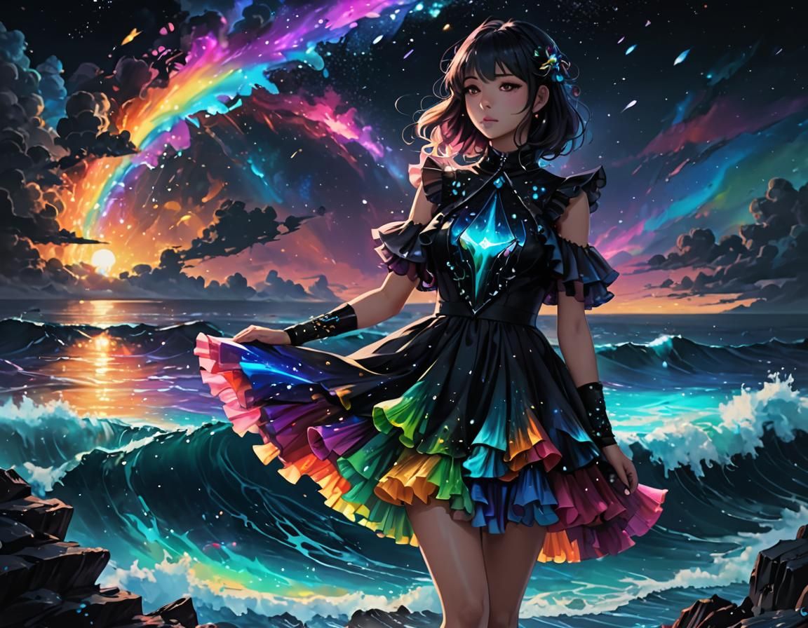 Nebula Sky View with Rainbow Dress, in Graffiti Art Style