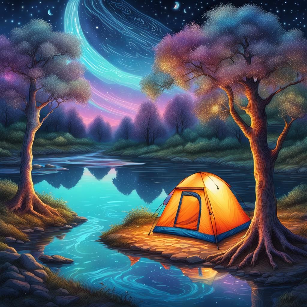 Riverside Tent: Holographic Astral Cosmic Illustration