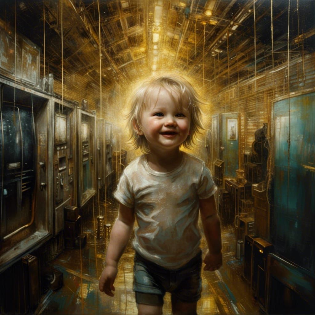 Toddler Dancing in Golden Starlight: Mixed-Media Photography