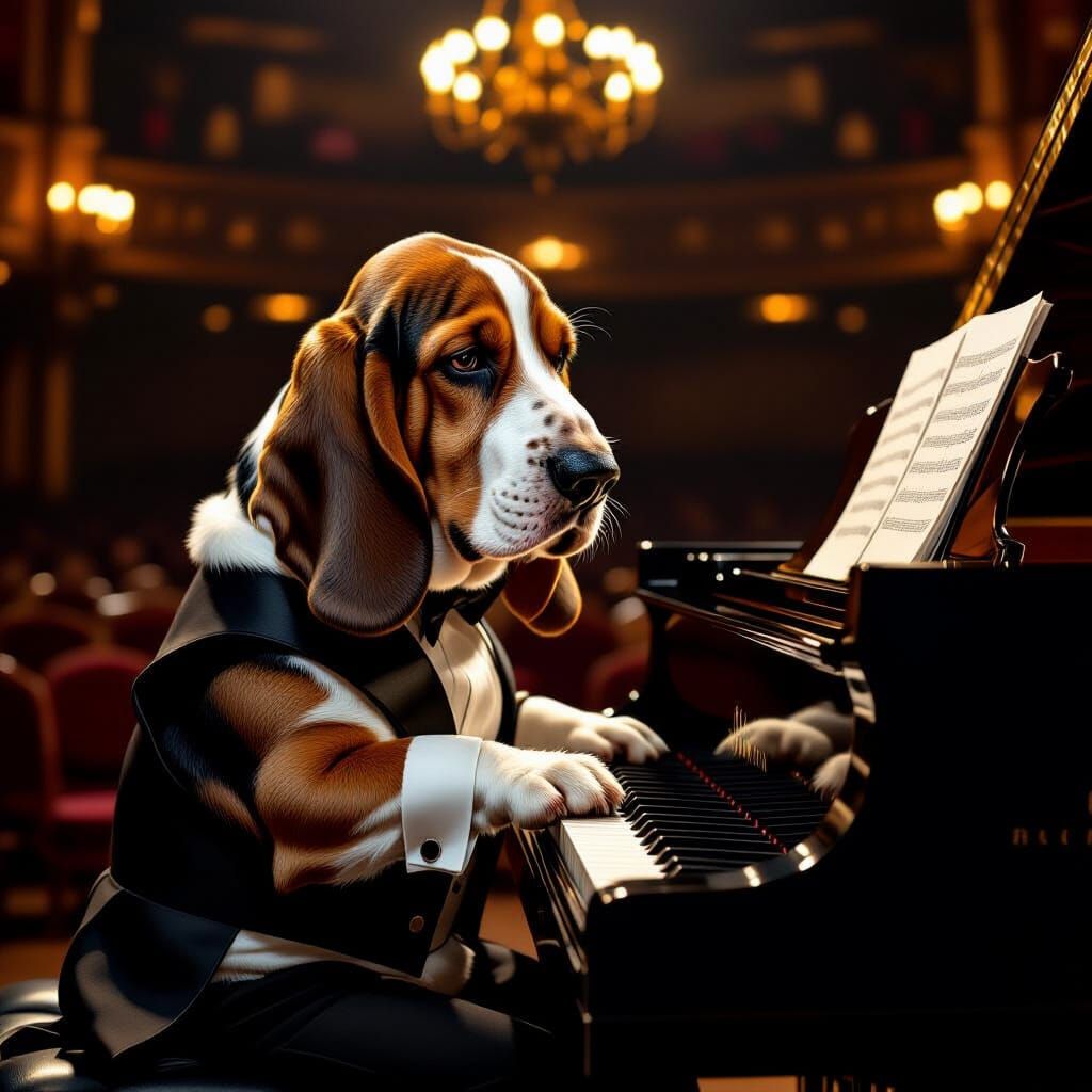 Basset Hound Pianist in Opulent Hall