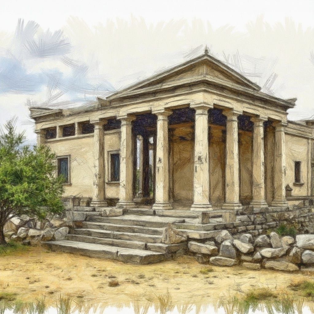 Ancient Greek Temple Set Amidst Olive Grove