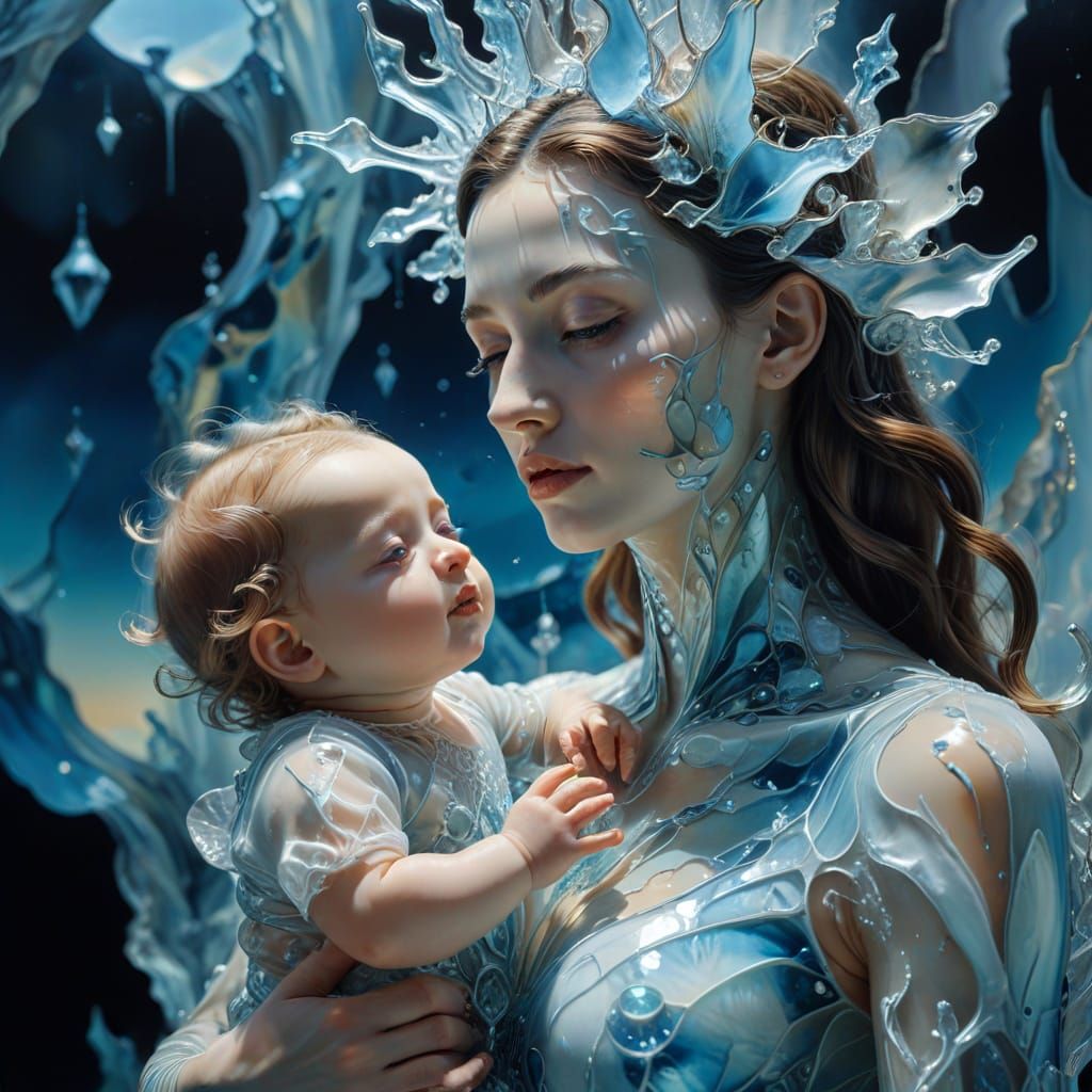 Ice Mother and Child Surrealist Masterpiece in Stained Glass...