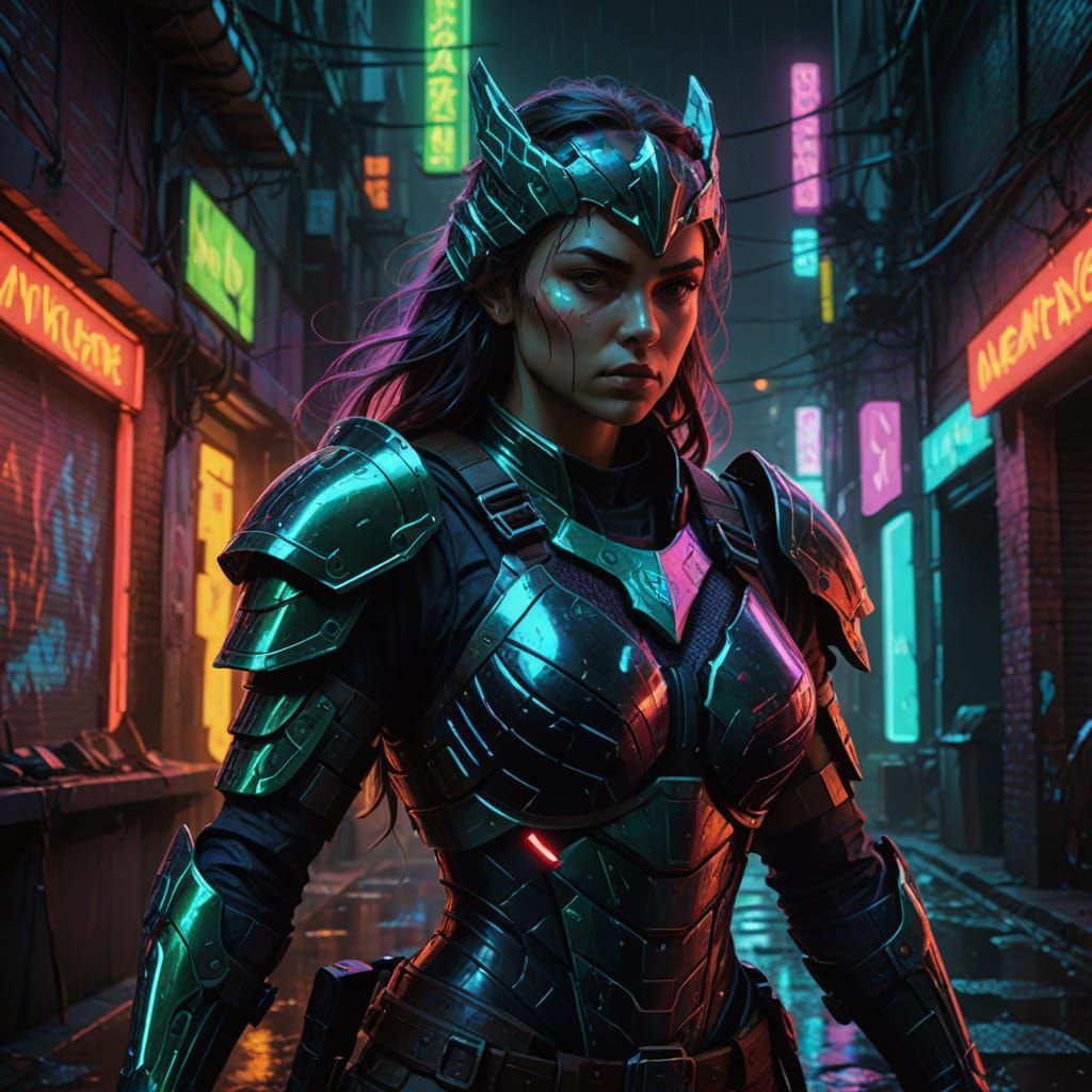 Neon-Lit Cyberpunk Warrior in Rain-Slicked Alley
