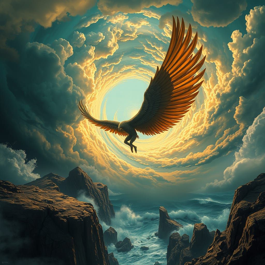 Icarus's Descent in a Sci-Fi Landscape