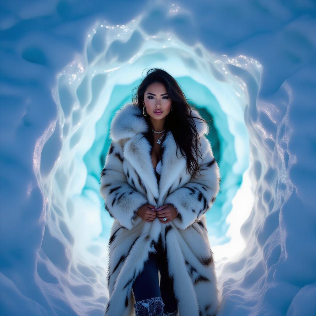 Ethereal Inuit Woman Emerges from Igloo in Astral Aurora