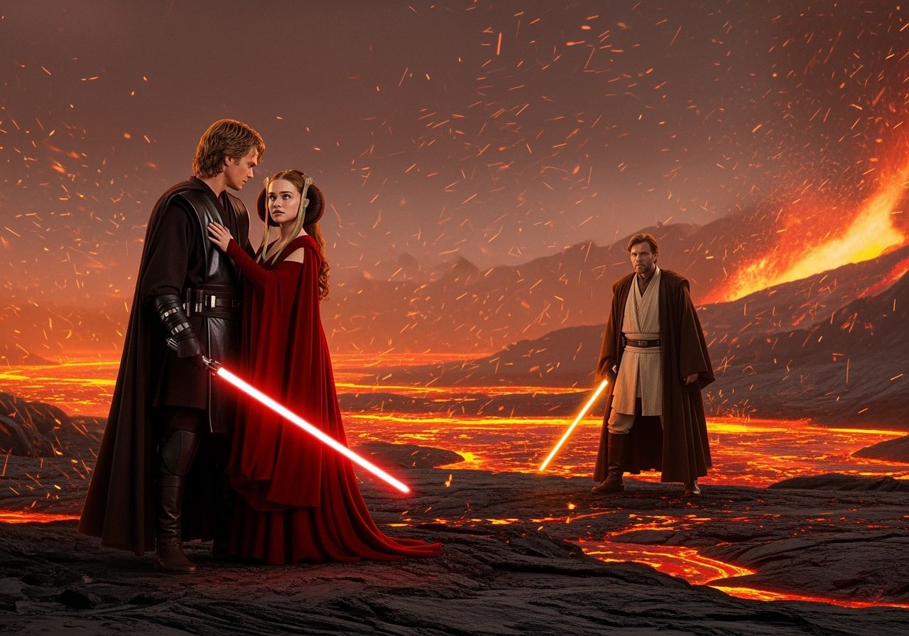 Anakin and Padmé Embrace on Volcanic Mustafar