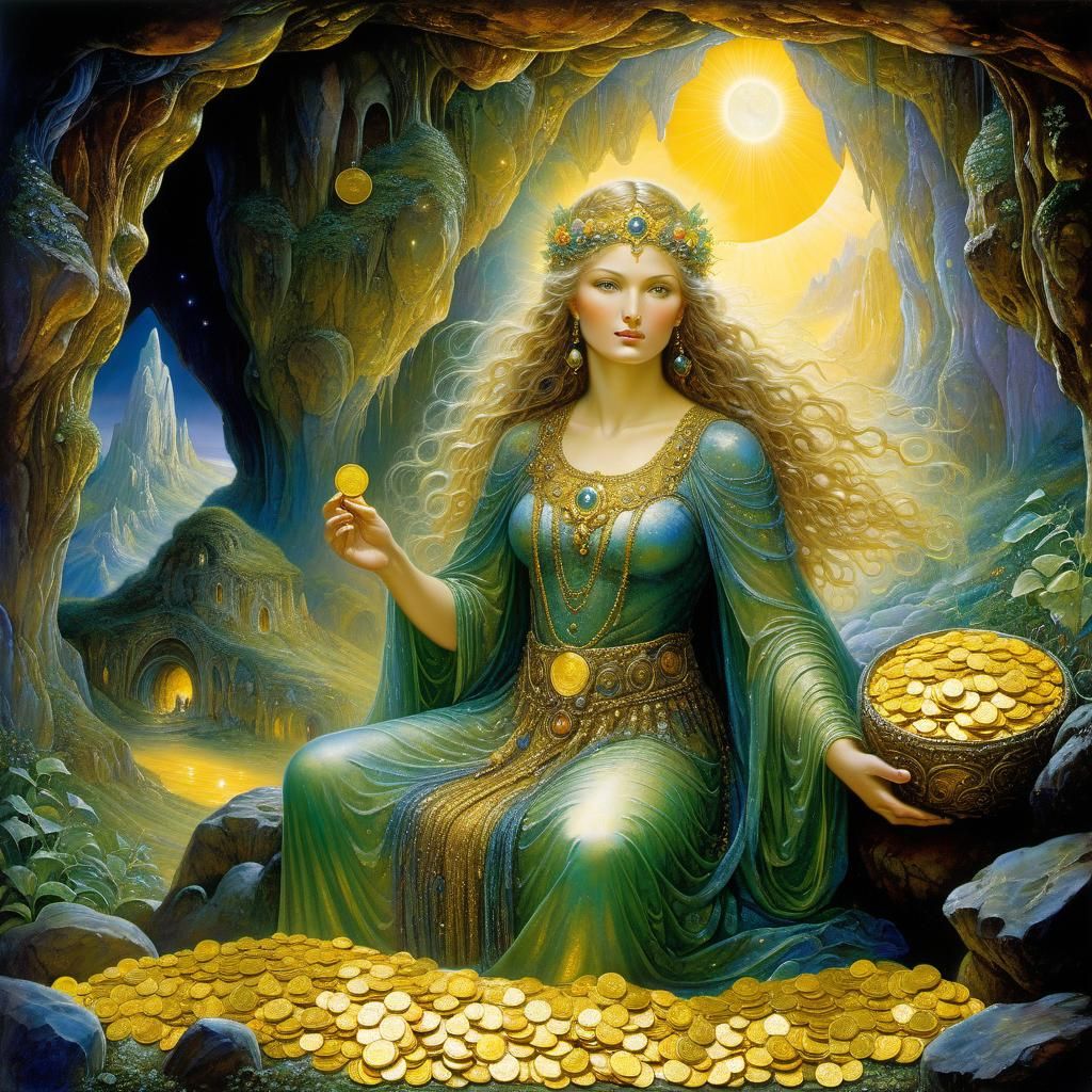 Kriemhild Surrounded by Gold Coins in Fantasy Style