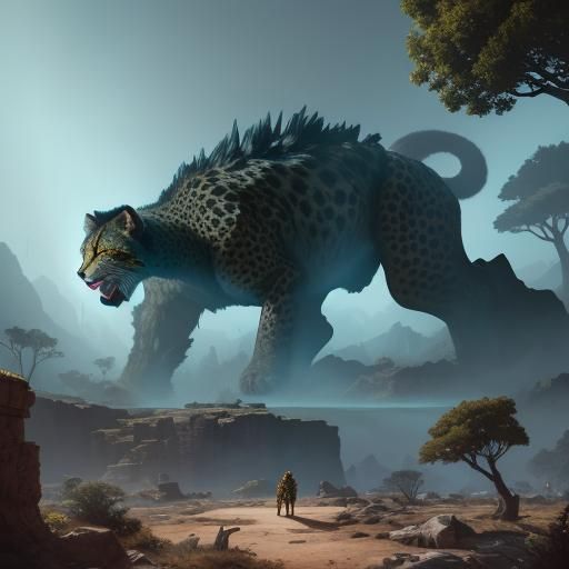 Colossal Cheetah Overlooking Mystical Realm in 8k