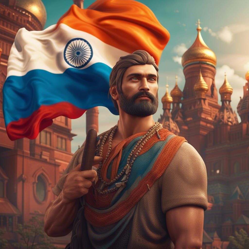 Attractive Russian Man with Indian Flag in 3D