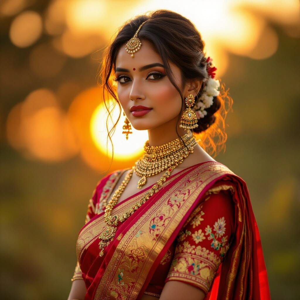 Indian Fashion Model in Silk Saree at Sunset