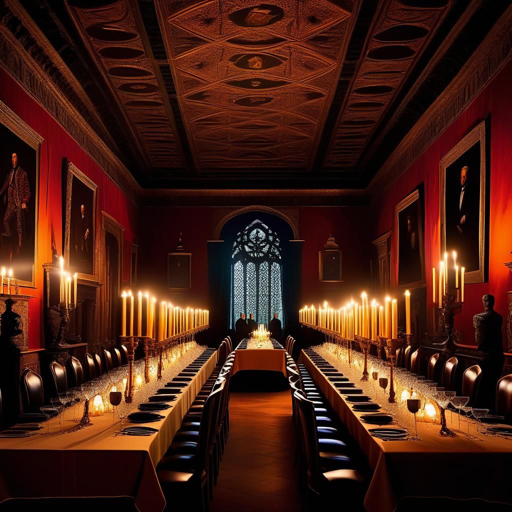 Secret Society Dinner Party in Ancient Castle Hall