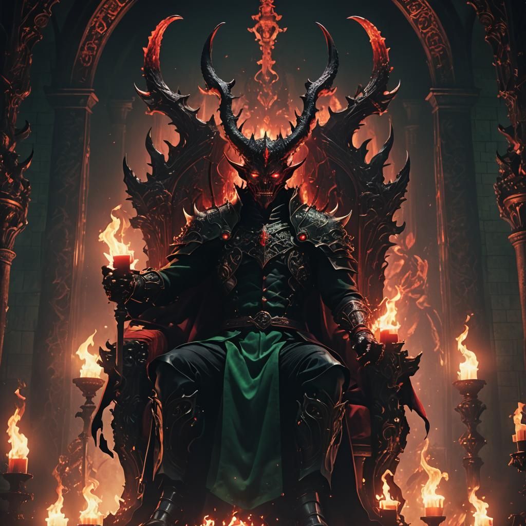 Anime-Style Demon Lord on Throne in Dark Realm