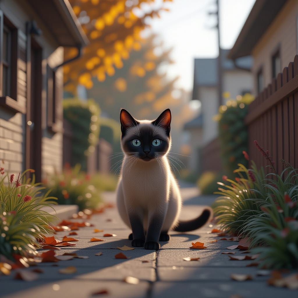 Siamese Cat Explores Neighborhood: Detailed Matte Painting